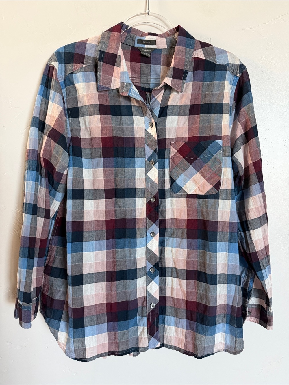 Eddie Bauer Plaid Button-Down Shirt in Blue, Burgundy, White